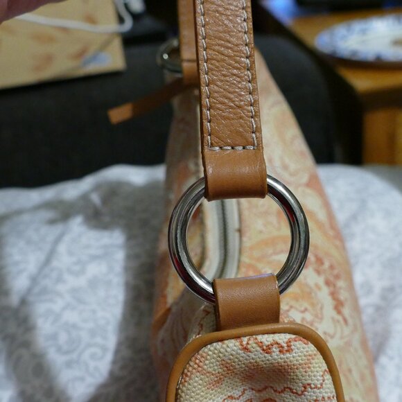 BANANA REPUBLIC Pink/Coral Cotton w/Leather Trim Zippered Small Handbag/Purse - Picture 6 of 16